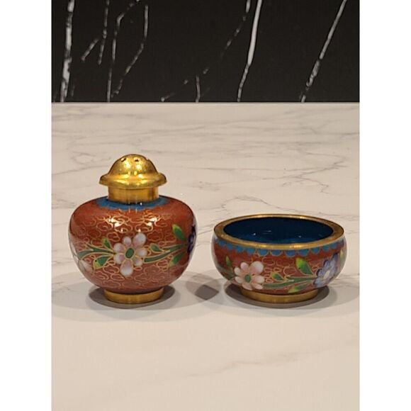 Cloisonné Open Salt Bowl Cellar Pepper Shaker Flower Enamel Brass Stacking PINK - Picture 4 of 10